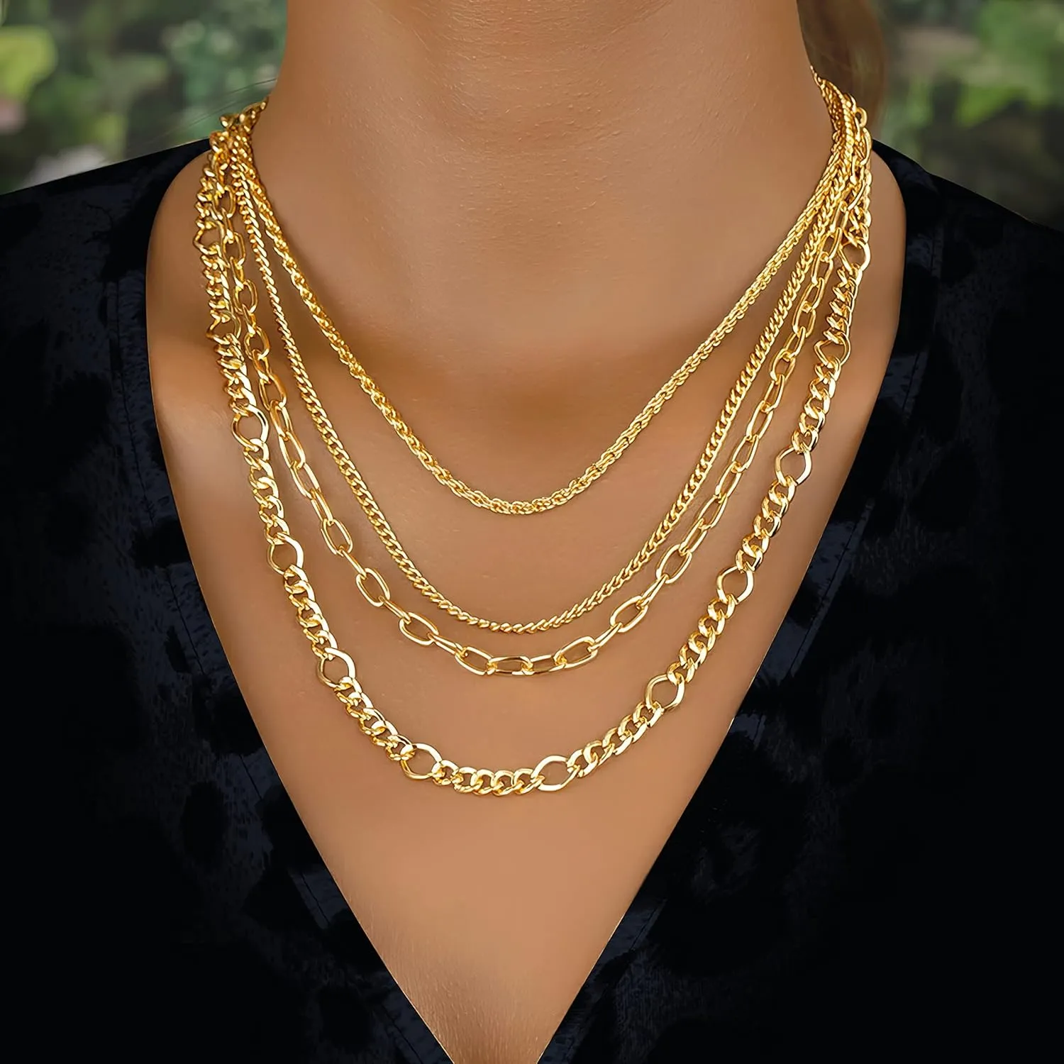 14K Yellow Gold Plated Multi Station Necklaces Layering Long Gold Necklace, Dainty Station Jewelry
