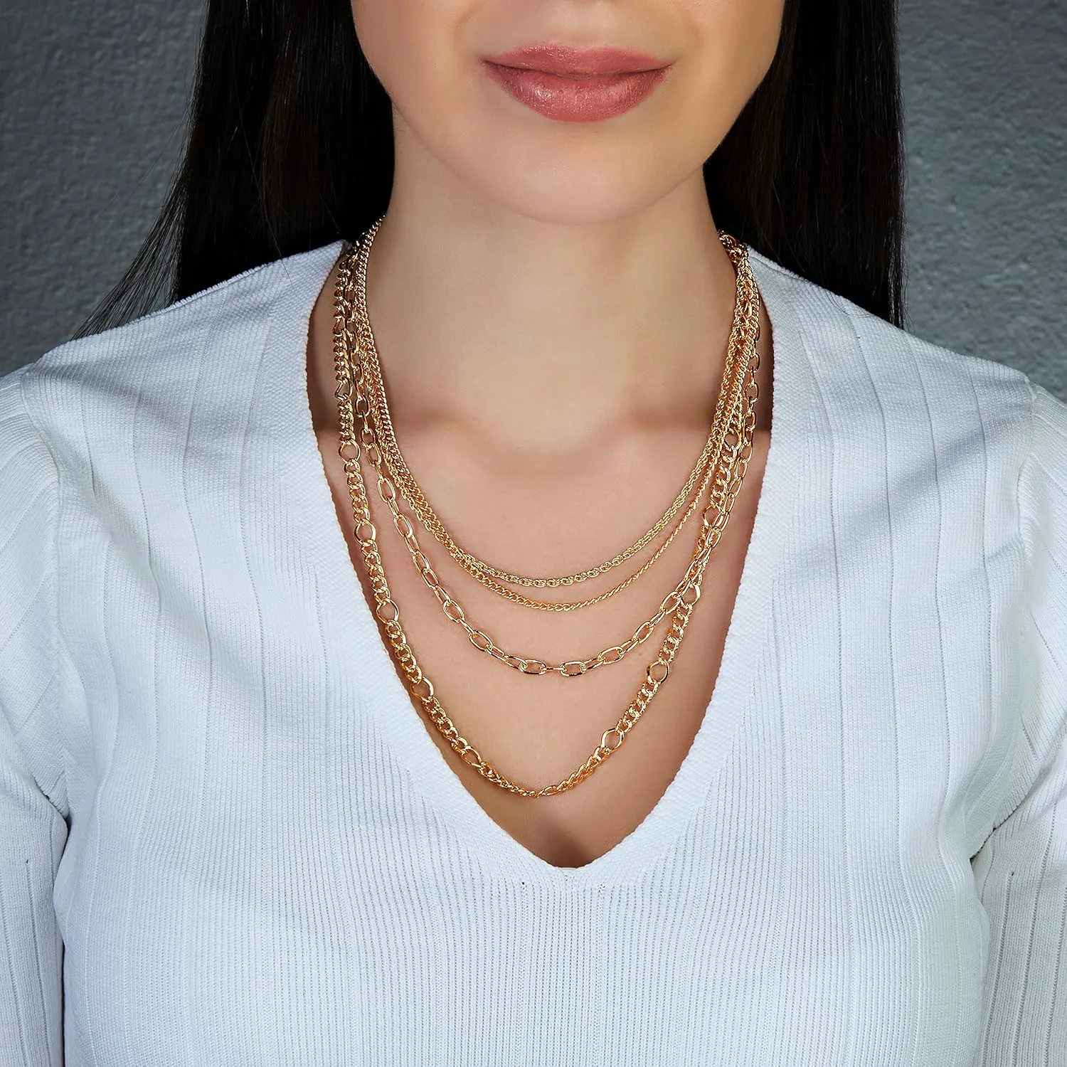 14K Yellow Gold Plated Multi Station Necklaces Layering Long Gold Necklace, Dainty Station Jewelry
