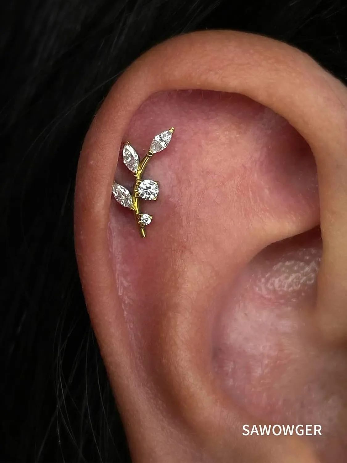 16G Titanium Flat Back Earrings for Women Conch/Helix/Foward Helix/Tragus/Hypoallergenic Piercing Jewelry Internal Thread Cartilage Stud Gold Silver CZ Branch Earrings