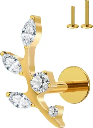 16G Titanium Flat Back Earrings for Women Conch/Helix/Foward Helix/Tragus/Hypoallergenic Piercing Jewelry Internal Thread Cartilage Stud Gold Silver CZ Branch Earrings
