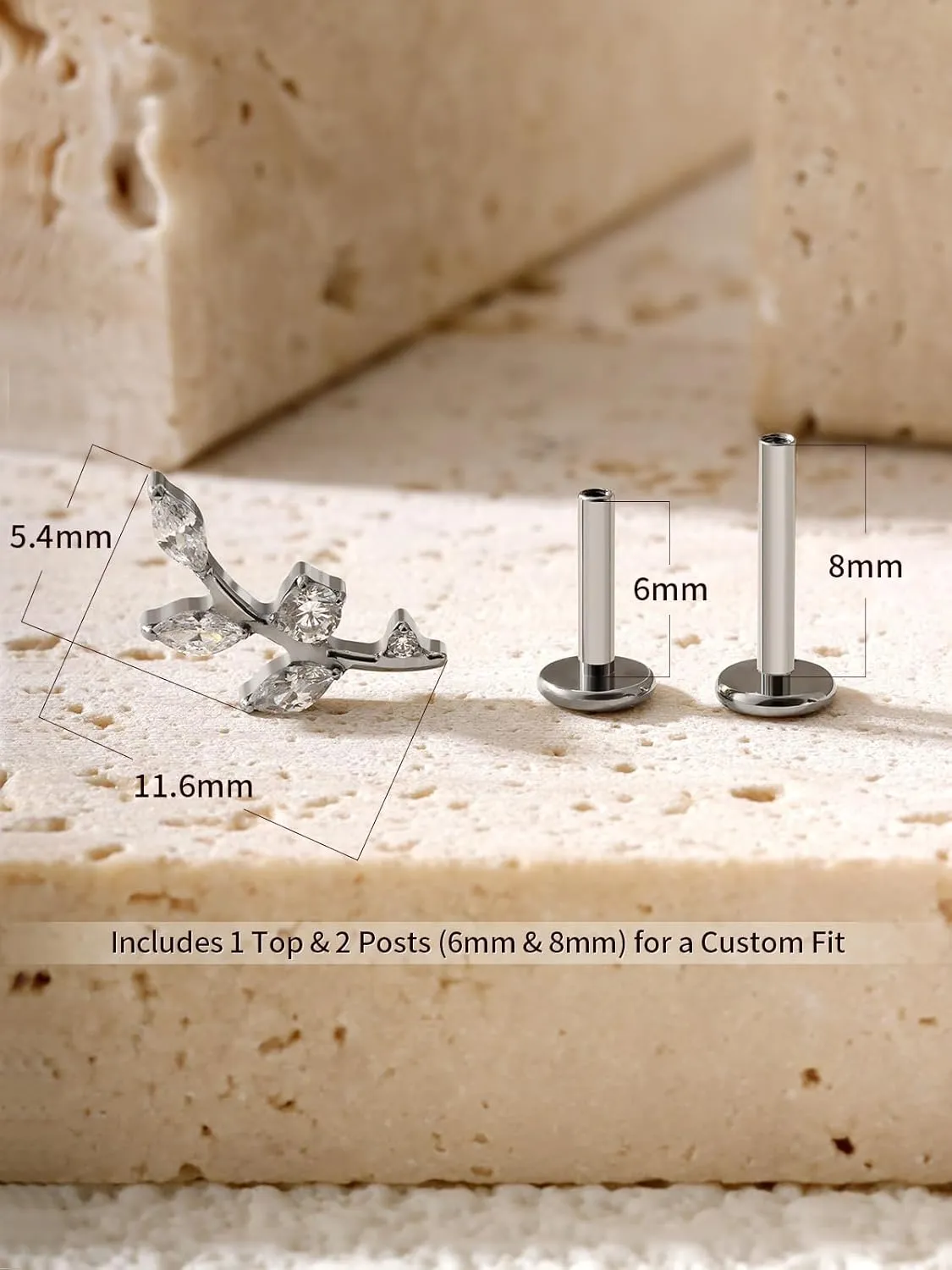 16G Titanium Flat Back Earrings for Women Conch/Helix/Foward Helix/Tragus/Hypoallergenic Piercing Jewelry Internal Thread Cartilage Stud Gold Silver CZ Branch Earrings