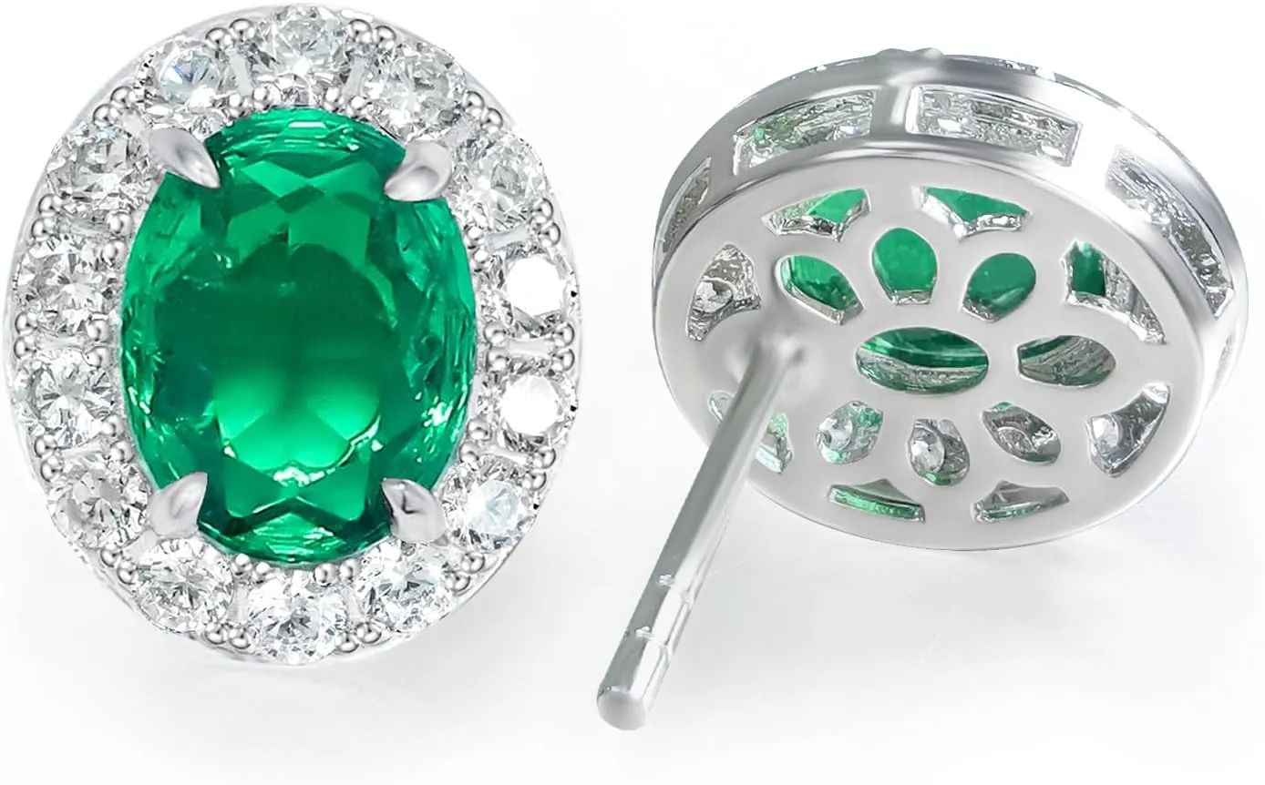 1.8 CT Emerald Earrings for Women May Birthstone Earrings Oval Cut Green Stud Earrings Sparkle White Gold Plated Cubic Zirconia Halo Earrings Studs with Hypoallergenic Silver Posts