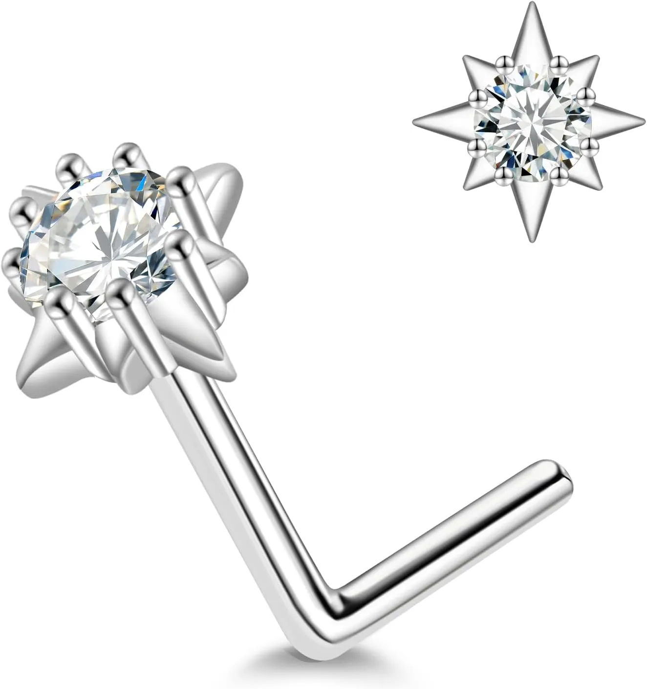 18G Star Lshaped Nose Stud - 925 Sterling Silver 0.1CT Eightpointed Moissanite Nose Rings Hypoallergenic Nose Piercing Jewelry Gifts for Women Men