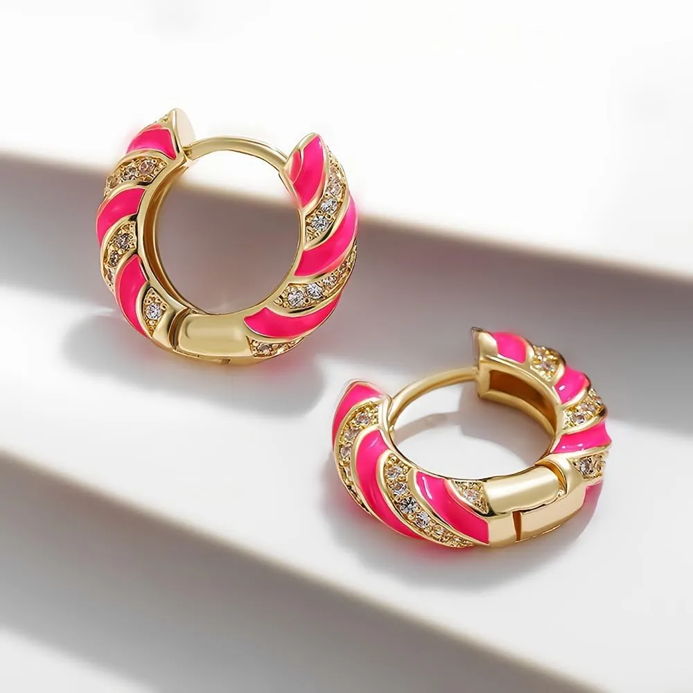 18K Gold earrings enamel spiral women's small earrings, hypoallergenic cute cubic zirconia 18K gold earrings jewelry