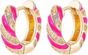 18K Gold earrings enamel spiral women's small earrings, hypoallergenic cute cubic zirconia 18K gold earrings jewelry