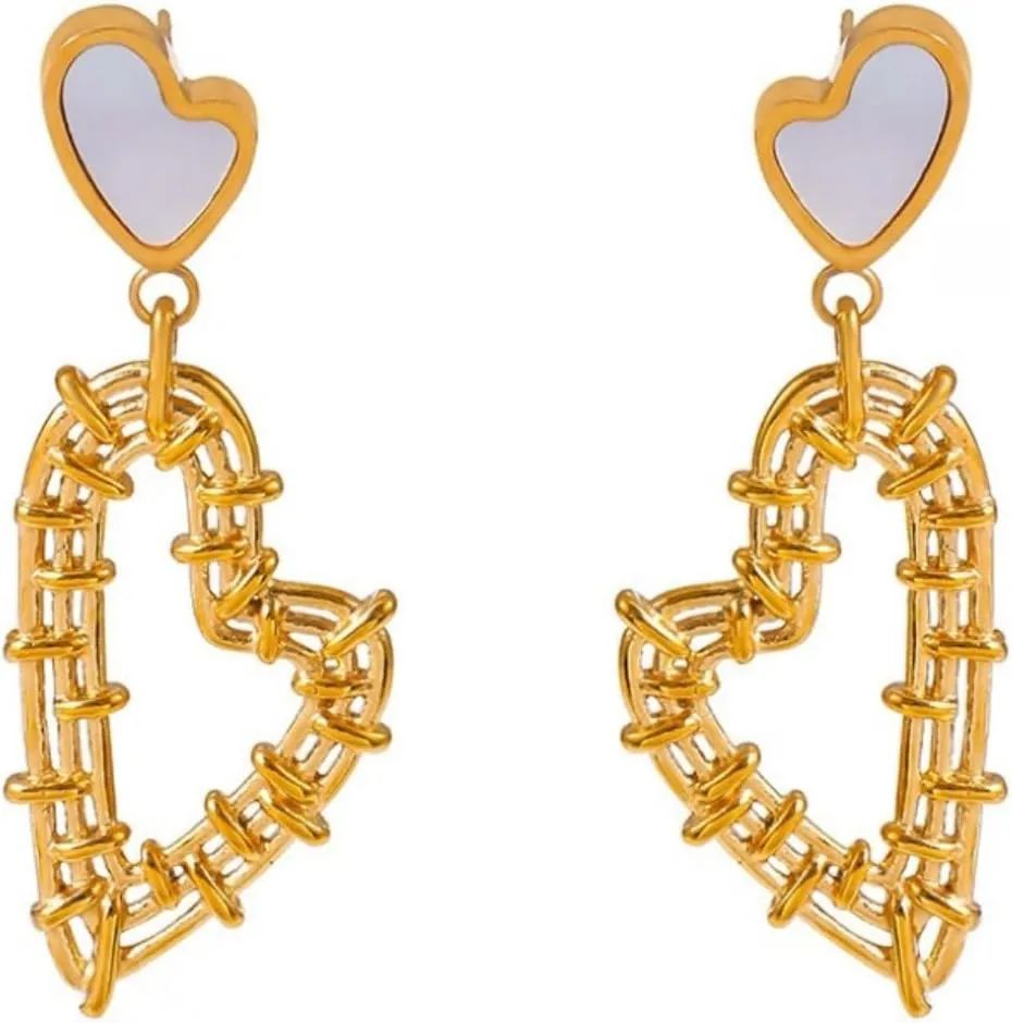 18k Gold-Plated Stainless Steel French White Shell Pendant Hollow Heart Woven Earrings for Women - Elegant Vintage Chunky Large Gold Heart Earrings, Valentine's Day Gift