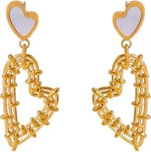 18k Gold-Plated Stainless Steel French White Shell Pendant Hollow Heart Woven Earrings for Women - Elegant Vintage Chunky Large Gold Heart Earrings, Valentine's Day Gift