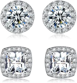 18K White Gold Plated Round Square Cubic Zirconia Simulated Diamond Halo Stud Earrings
