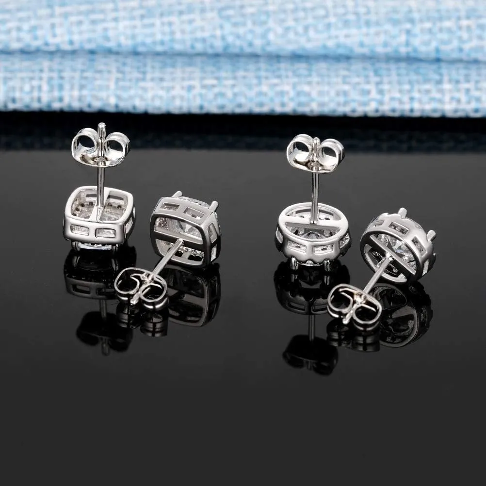18K White Gold Plated Round Square Cubic Zirconia Simulated Diamond Halo Stud Earrings