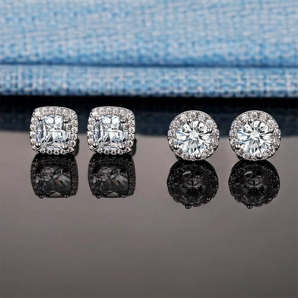 18K White Gold Plated Round Square Cubic Zirconia Simulated Diamond Halo Stud Earrings