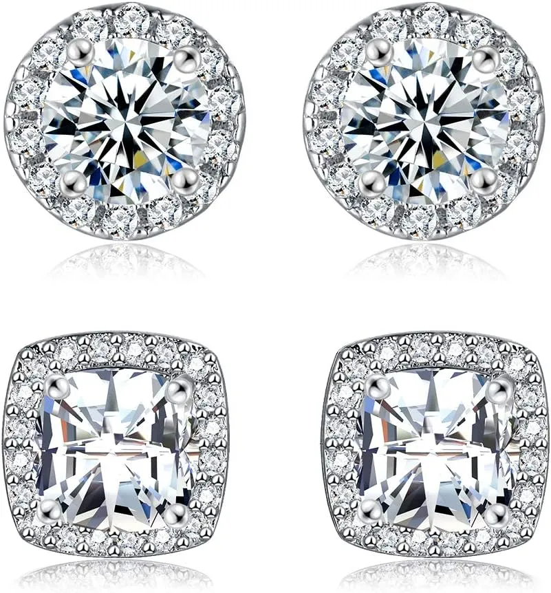 18K White Gold Plated Round Square Cubic Zirconia Simulated Diamond Halo Stud Earrings