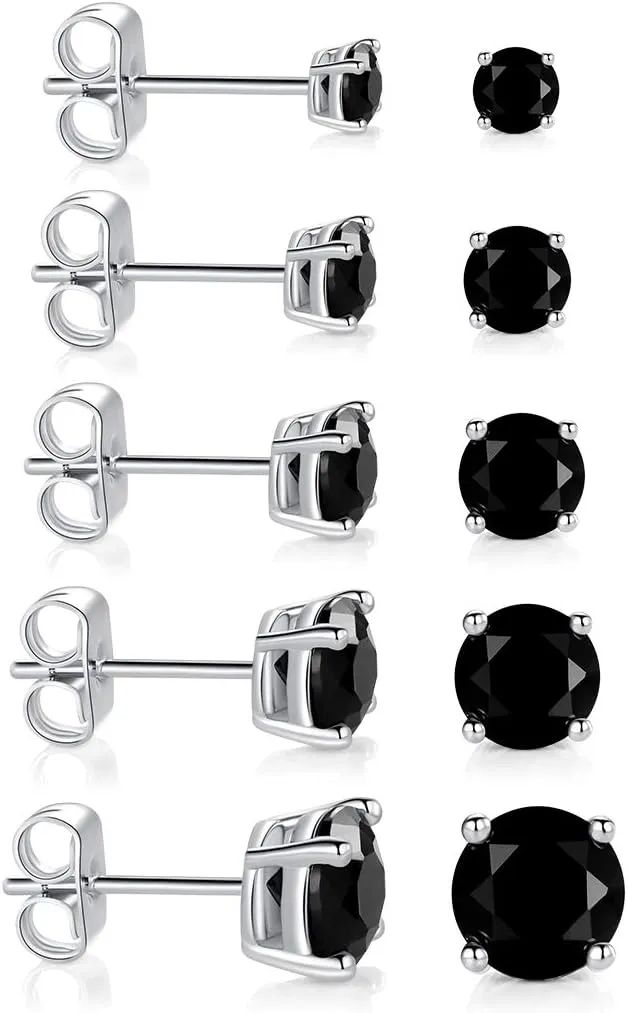 18K White Gold Plated Stud Earrings Brilliant Round Cut 3-7MM Ruby/Emerald/Sapphire Cubic Zirconia Earring Studs (5 Pairs)