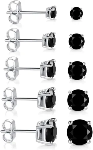 18K White Gold Plated Stud Earrings Brilliant Round Cut 3-7MM Ruby/Emerald/Sapphire Cubic Zirconia Earring Studs (5 Pairs)