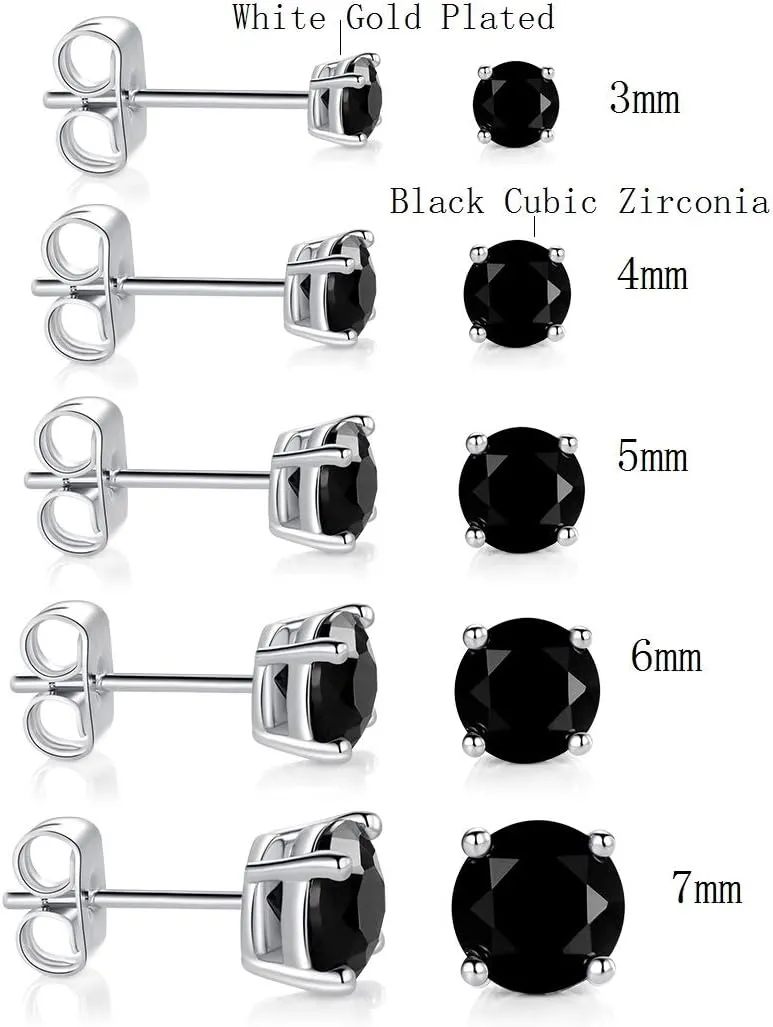 18K White Gold Plated Stud Earrings Brilliant Round Cut 3-7MM Ruby/Emerald/Sapphire Cubic Zirconia Earring Studs (5 Pairs)