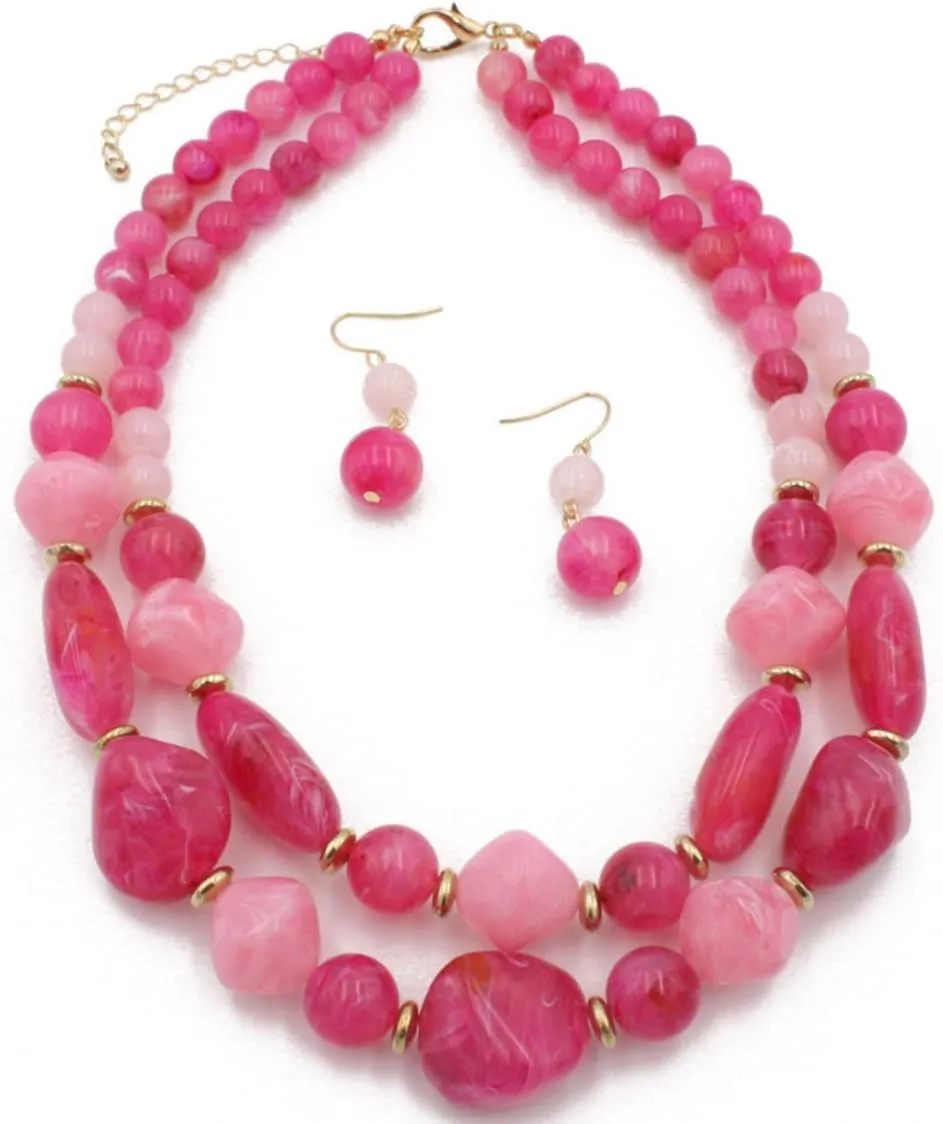 2 Layer Jelly Colored Acrylic Handmade Statement Strand Chunky Beaded Fashion Necklaces and Earring
