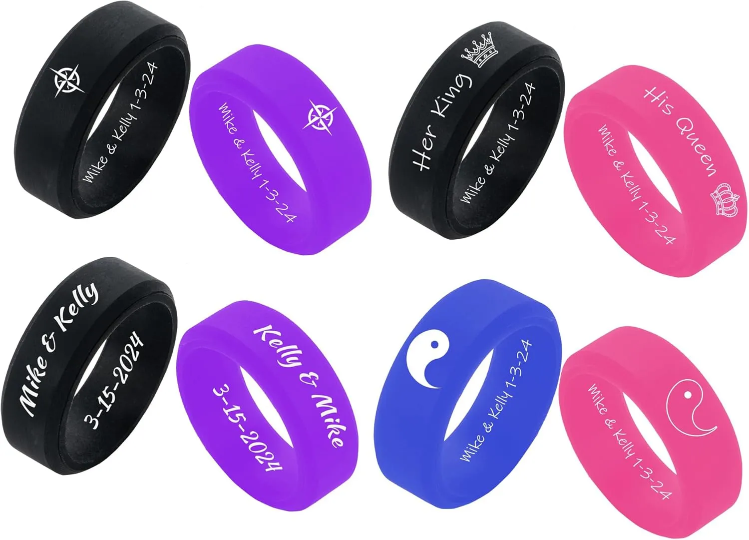 2 Pack-Her King His Queen/Compass/Pinky Promise/Cross Couple Rings Set Breathable Silicone Rubber Bevel Edges Wedding Band Promise Engagement Rings for Men Women