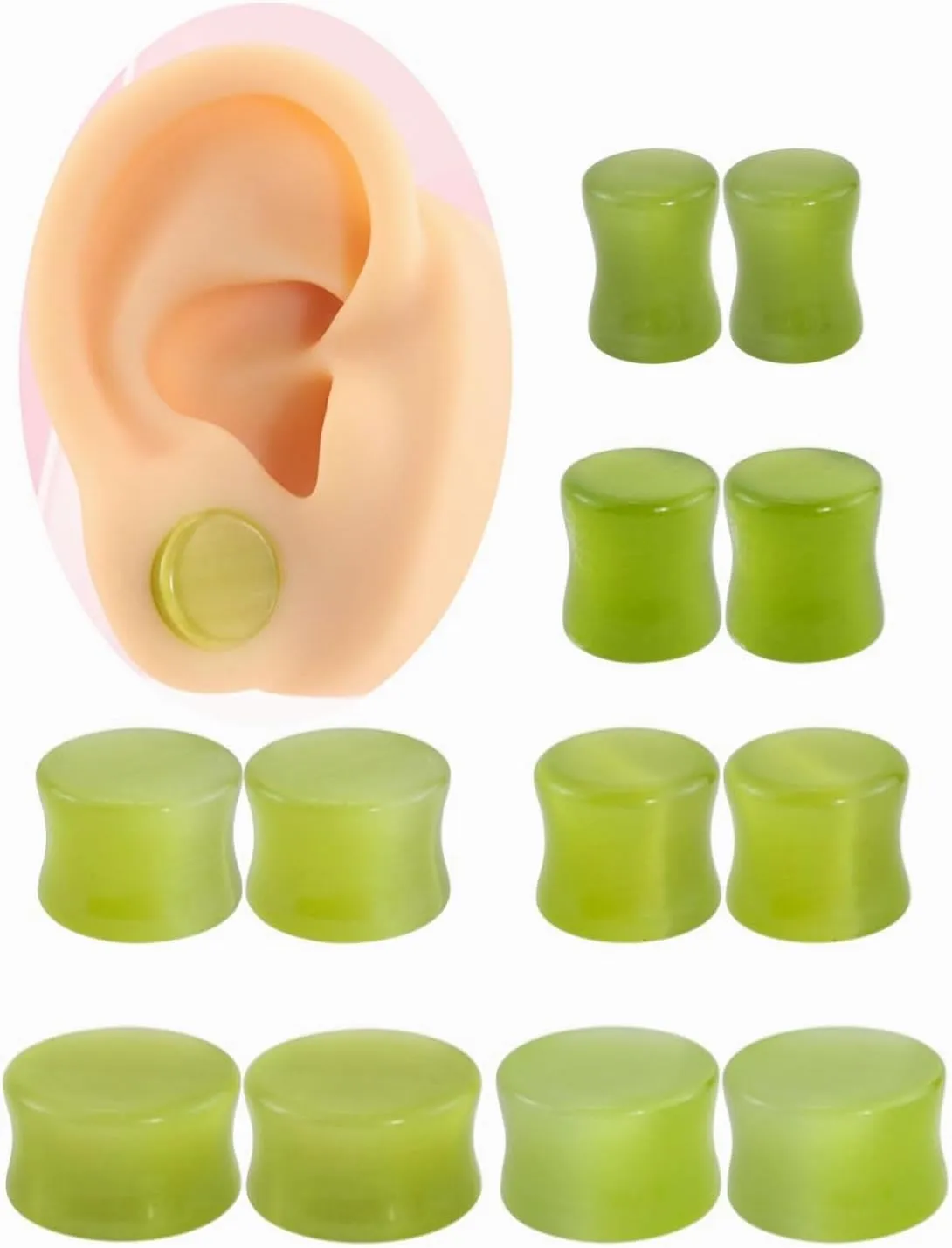 2 PCS 6mm(2G) Natural Grass Green Cat Eye Organic Stone Ear Plugs Gauges Double Flared Flesh Tunnels Body Piercing Couple Stud Earrings Jewelry For Women And Men