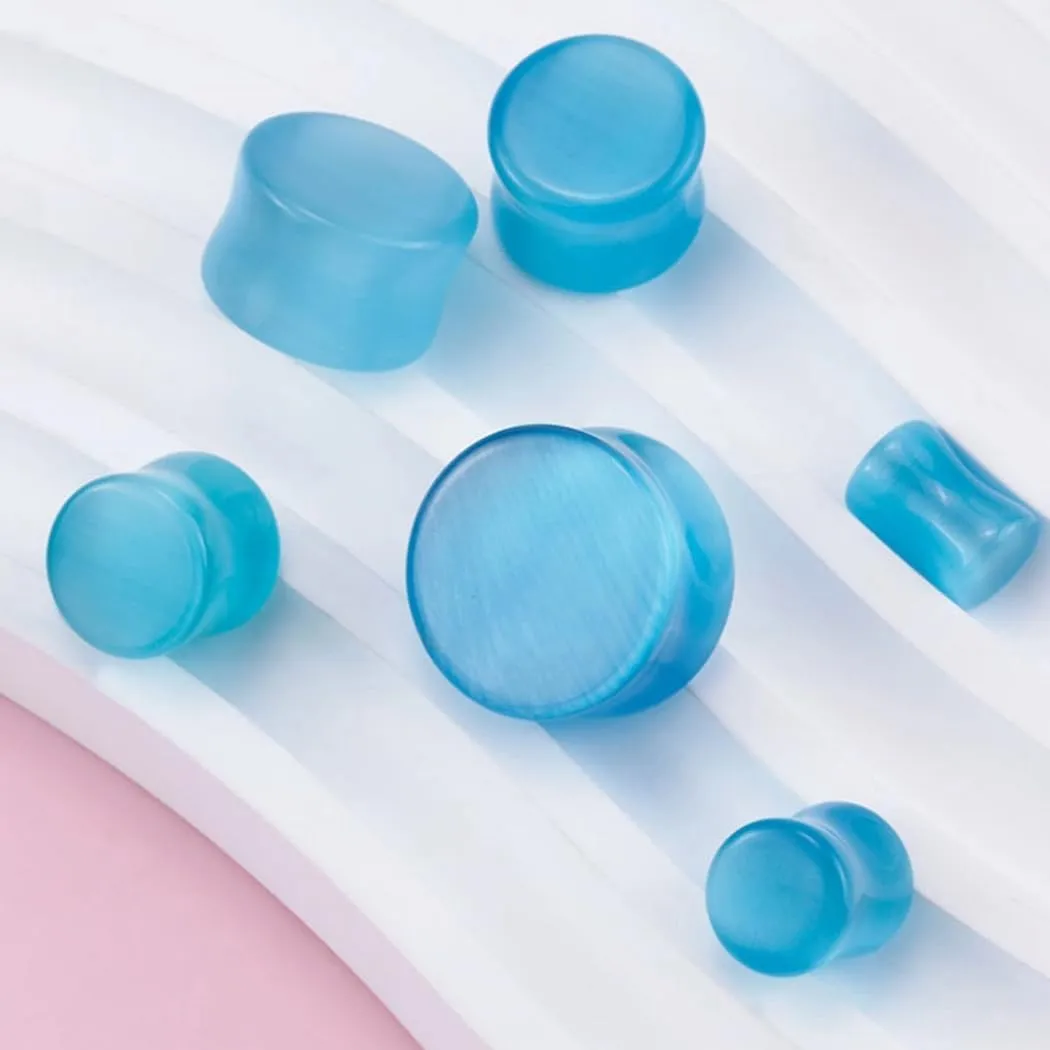 2 Pcs 6mm(2G) Natural Light Blue Cat Eye Organic Stone Ear Plugs Gauges Double Flared Flesh Tunnels Body Piercing Couple Stud Earrings Jewelry For Women And Men