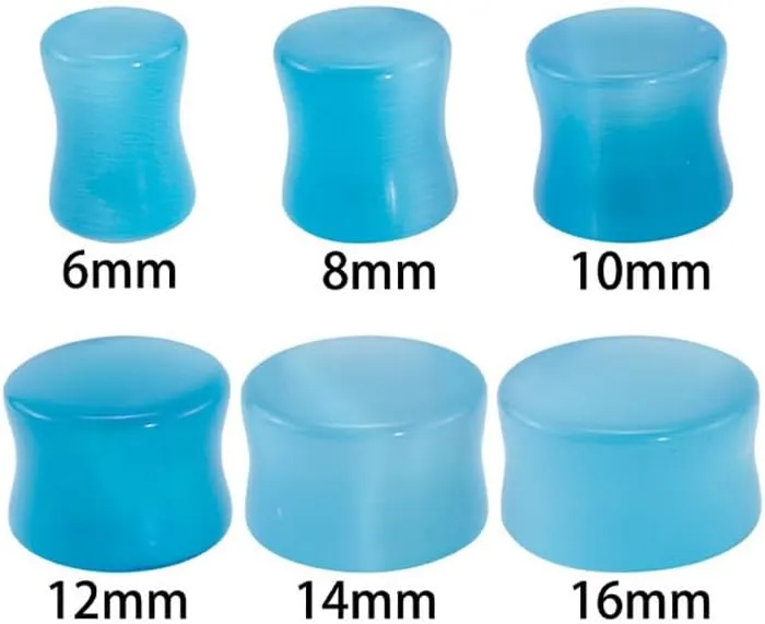 2 Pcs 6mm(2G) Natural Light Blue Cat Eye Organic Stone Ear Plugs Gauges Double Flared Flesh Tunnels Body Piercing Couple Stud Earrings Jewelry For Women And Men