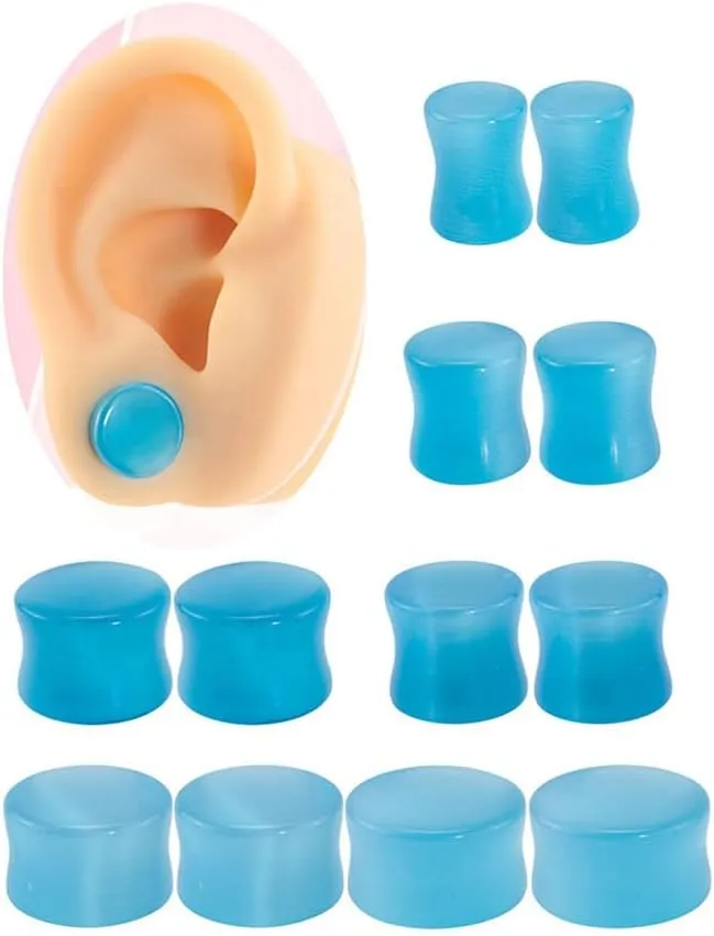 2 Pcs 6mm(2G) Natural Light Blue Cat Eye Organic Stone Ear Plugs Gauges Double Flared Flesh Tunnels Body Piercing Couple Stud Earrings Jewelry For Women And Men