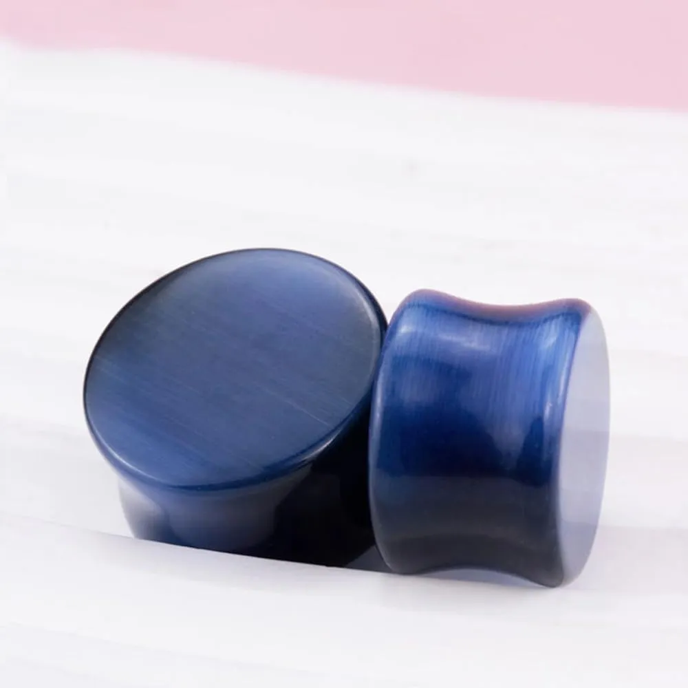 2 PCS 6mm(2G) Natural Navy Blue Cat Eye Organic Stone Ear Plugs Gauges Double Flared Flesh Tunnels Body Piercing Couple Stud Earrings Jewelry For Women And Men
