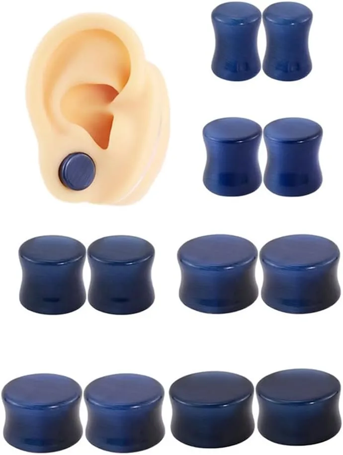2 PCS 6mm(2G) Natural Navy Blue Cat Eye Organic Stone Ear Plugs Gauges Double Flared Flesh Tunnels Body Piercing Couple Stud Earrings Jewelry For Women And Men