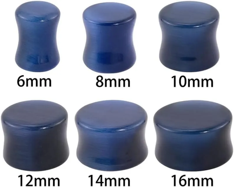 2 PCS 6mm(2G) Natural Navy Blue Cat Eye Organic Stone Ear Plugs Gauges Double Flared Flesh Tunnels Body Piercing Couple Stud Earrings Jewelry For Women And Men