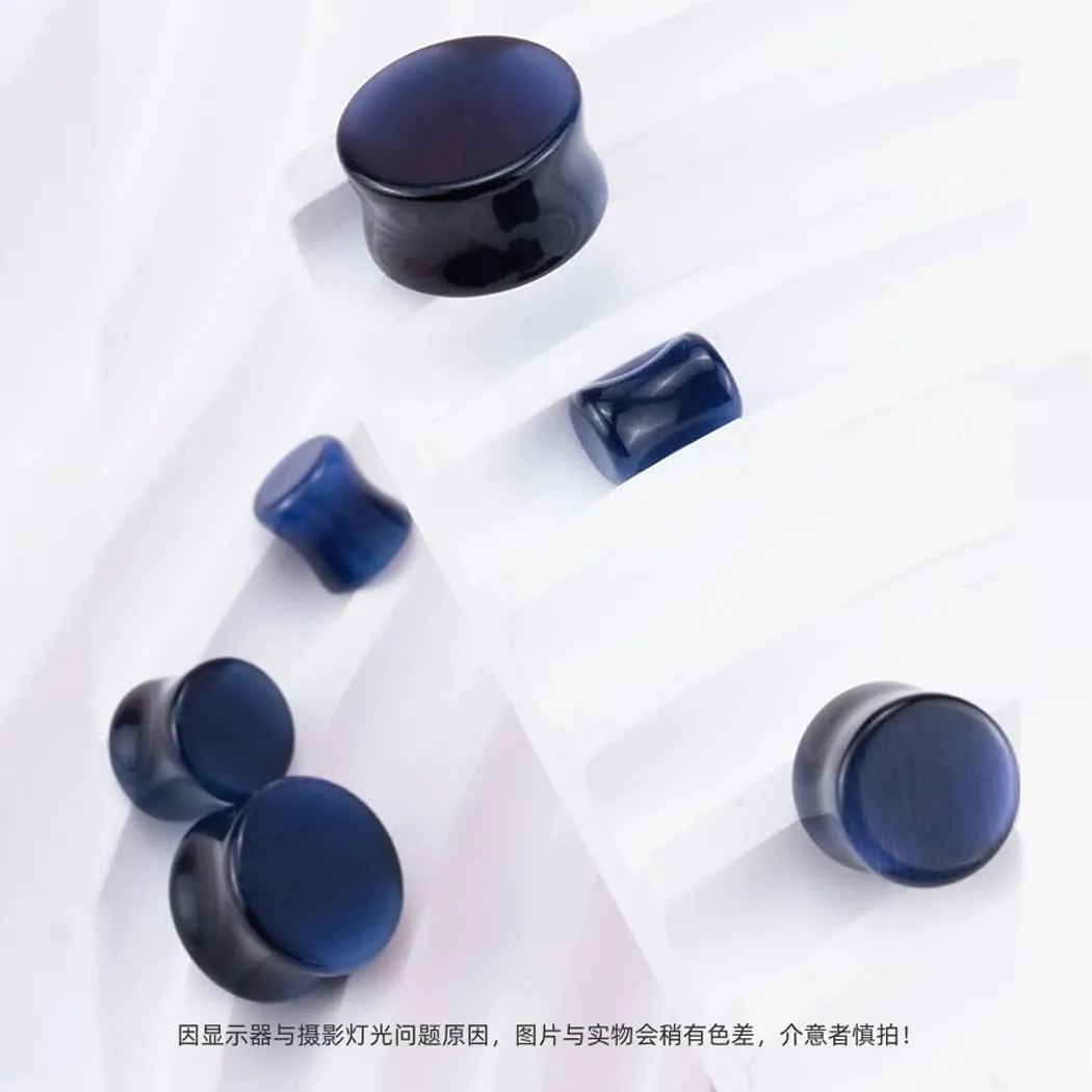 2 PCS 6mm(2G) Natural Navy Blue Cat Eye Organic Stone Ear Plugs Gauges Double Flared Flesh Tunnels Body Piercing Couple Stud Earrings Jewelry For Women And Men