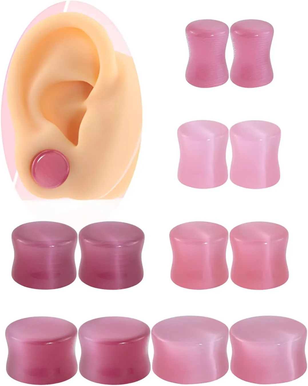 2 Pcs 6mm(2G) Natural Pink Cat Eye Organic Stone Ear Plugs Gauges Double Flared Flesh Tunnels Body Piercing Couple Stud Earrings Jewelry For Women And Men