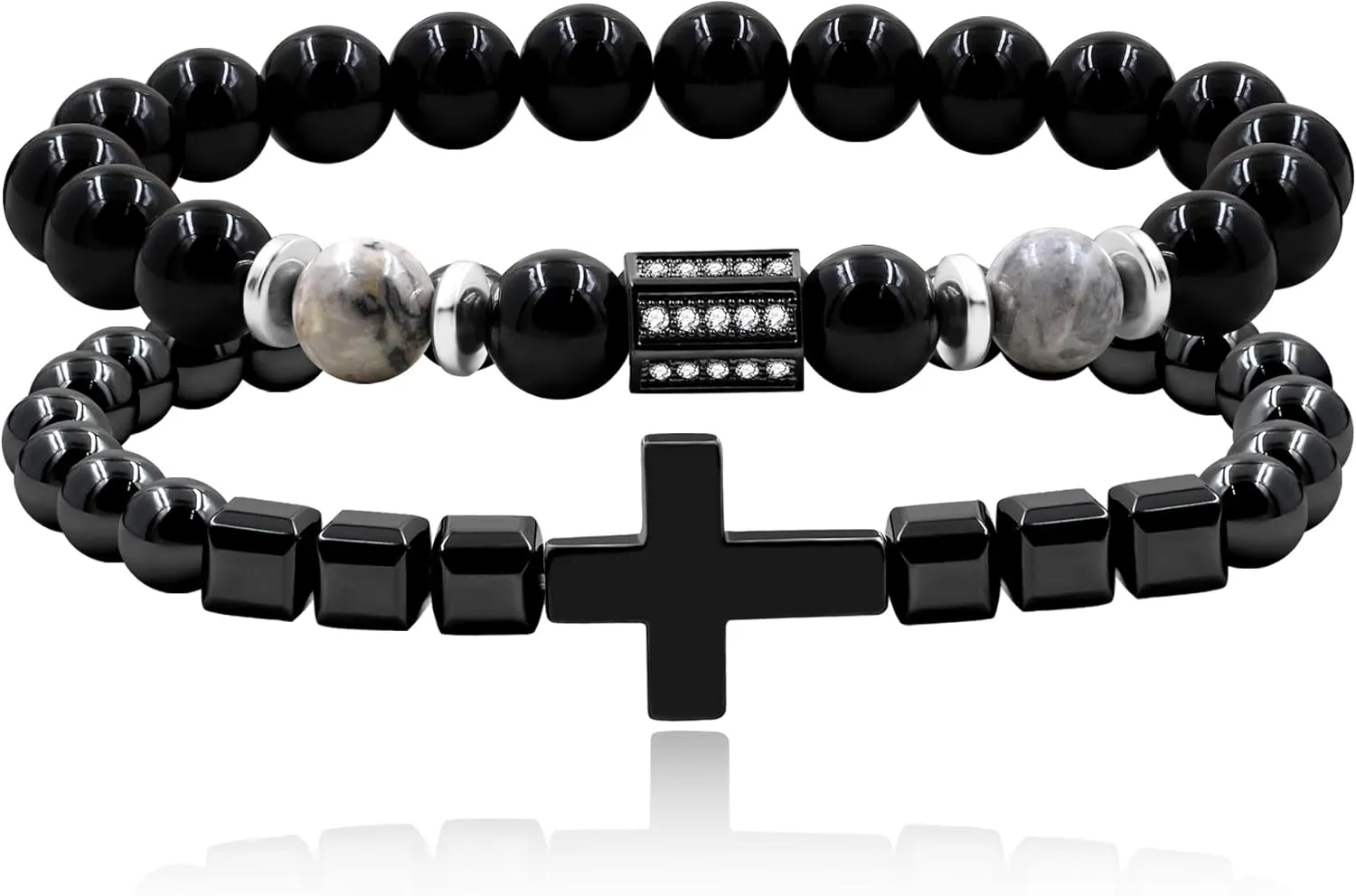 2-Pcs Men's Beaded Stretch Bracelet Set, 8mm Natural Stone and 6mm Hematite Cross Charm Bracelet, Religious Christian Power Bracelet for Men Dad Husband Father's Day Birthday Faith Gift