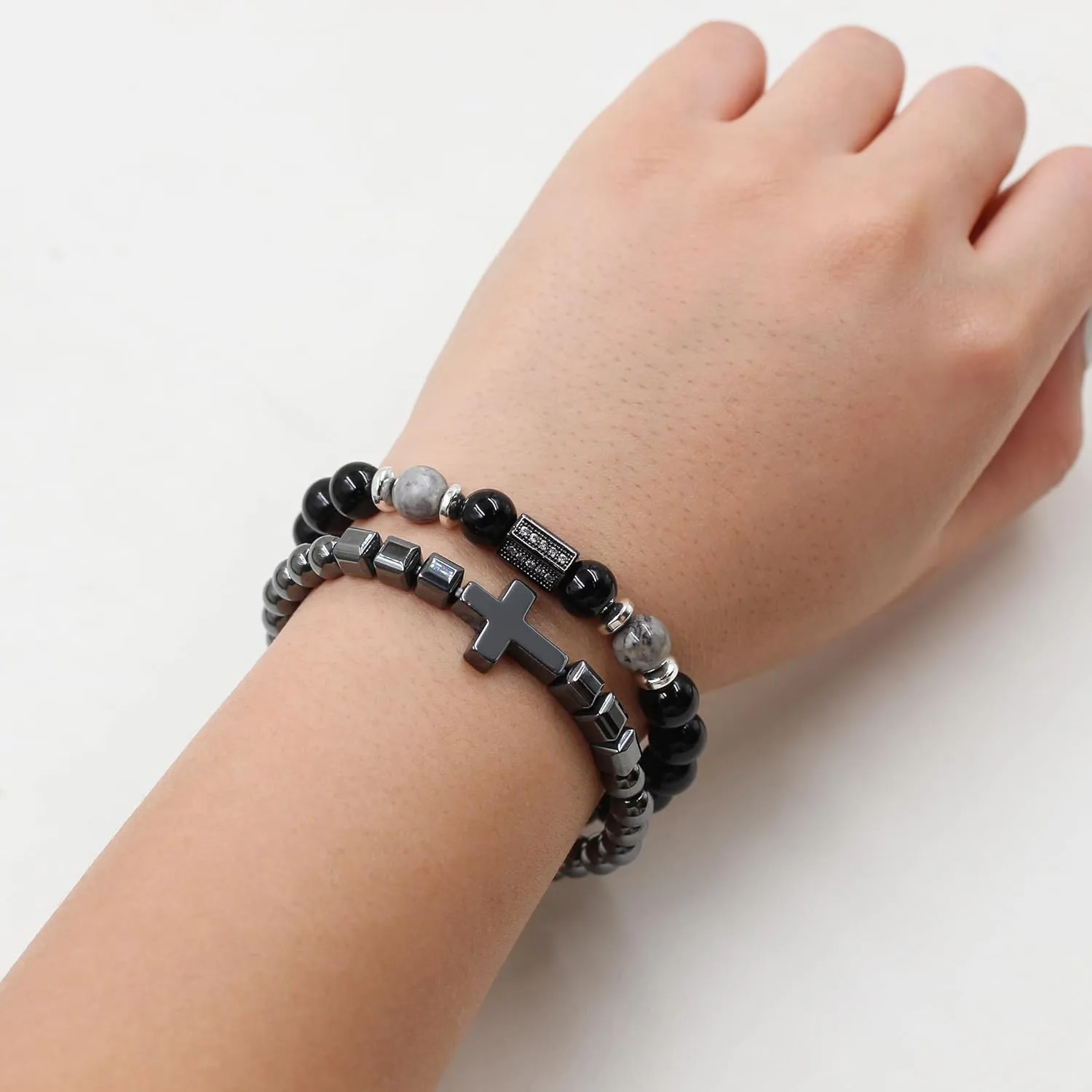 2-Pcs Men's Beaded Stretch Bracelet Set, 8mm Natural Stone and 6mm Hematite Cross Charm Bracelet, Religious Christian Power Bracelet for Men Dad Husband Father's Day Birthday Faith Gift