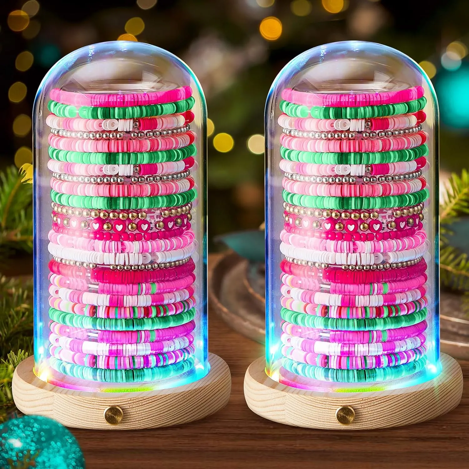 2 Pcs Witch Theme Friendship Bracelets Organizer Holder with Lights Pink and Green Bracelets Jewelry Gift Storage Boxes Wooden Base Stand for Witch Birthday Party Dress Decor Display