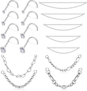 20/18G Nose Rings Chain Across Nose Piercings for Women Men Surgical Steel Double Chains Corkscrew l Shaped Bar