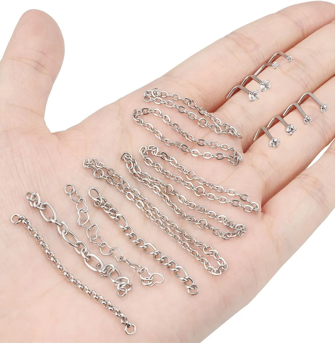 20/18G Nose Rings Chain Across Nose Piercings for Women Men Surgical Steel Double Chains Corkscrew l Shaped Bar