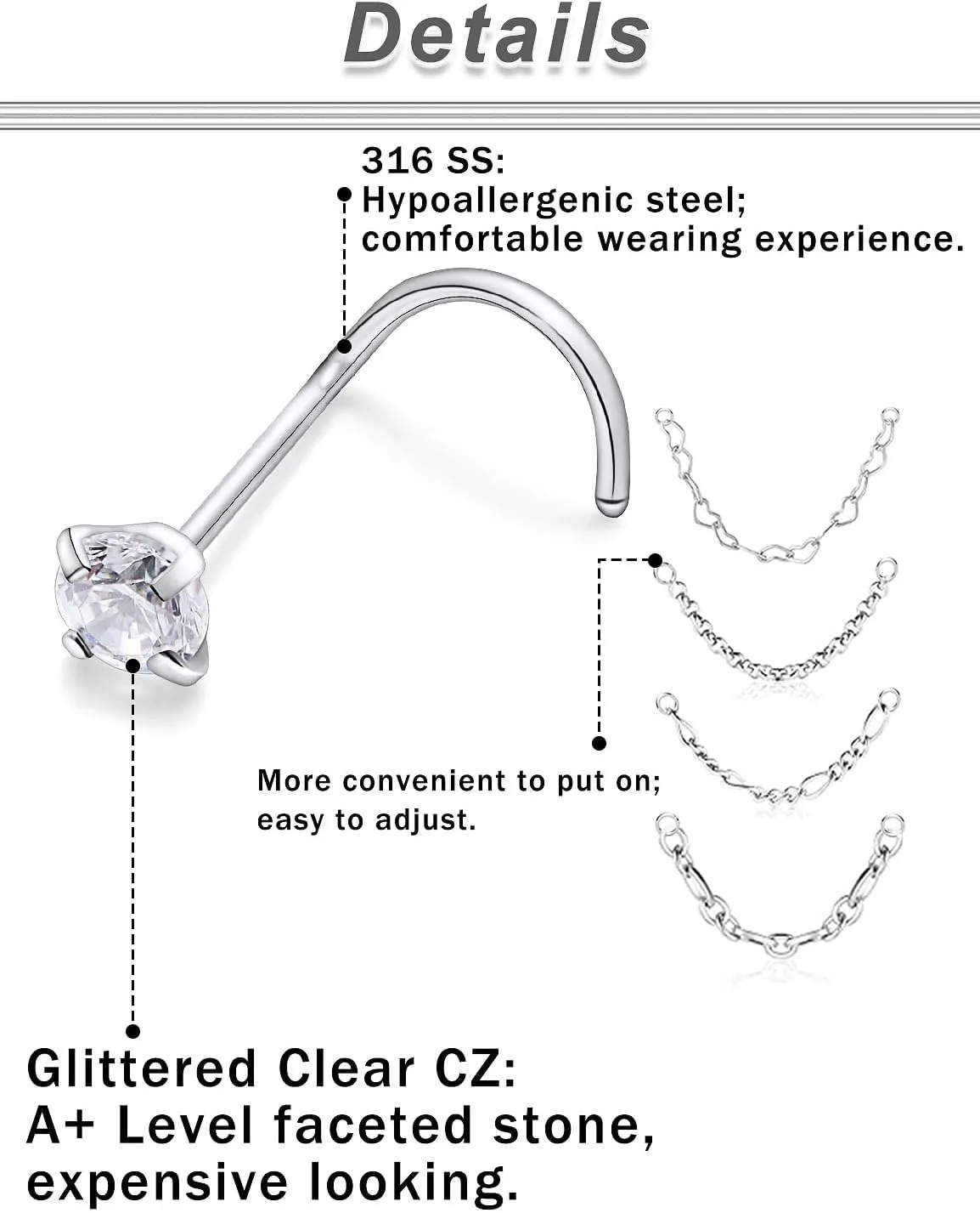 20/18G Nose Rings Chain Across Nose Piercings for Women Men Surgical Steel Double Chains Corkscrew l Shaped Bar