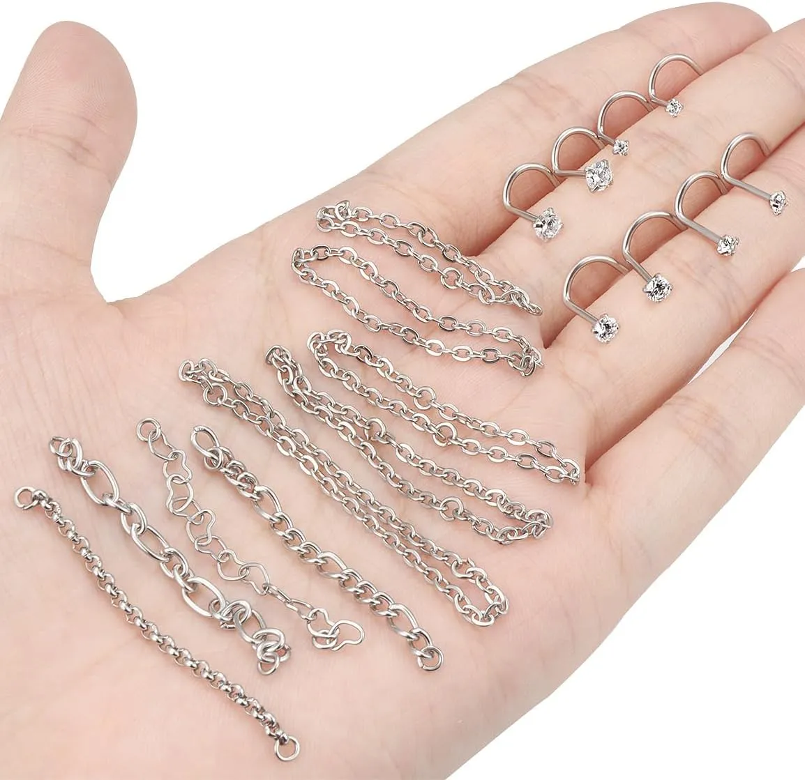 20/18G Nose Rings Chain Across Nose Piercings for Women Men Surgical Steel Double Chains Corkscrew l Shaped Bar