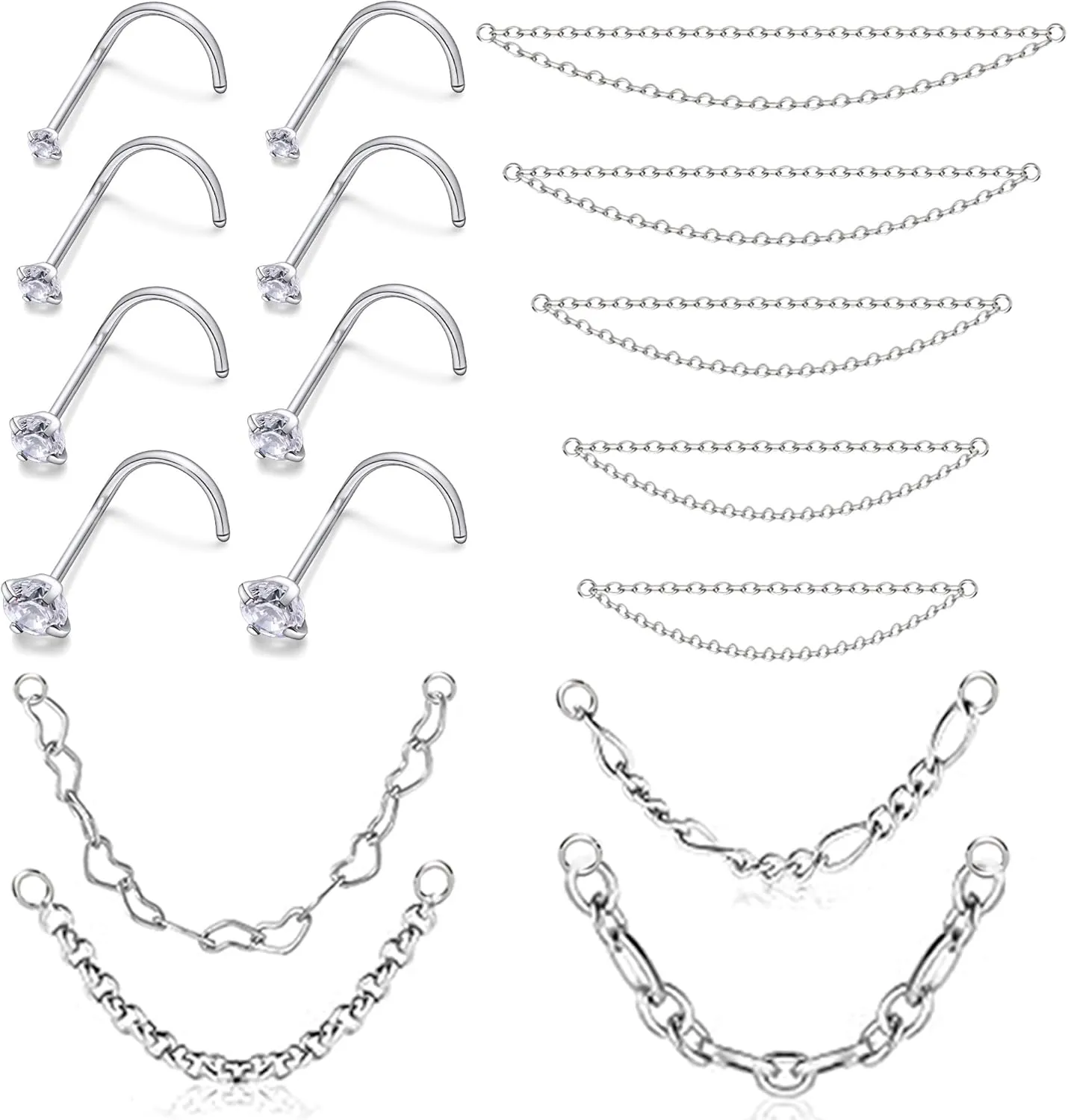 20/18G Nose Rings Chain Across Nose Piercings for Women Men Surgical Steel Double Chains Corkscrew l Shaped Bar