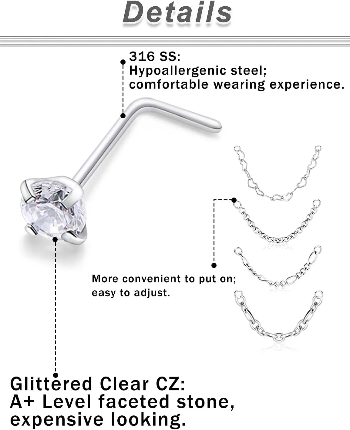 20/18G Nose Rings Chain Across Nose Piercings for Women Men Surgical Steel Double Chains Corkscrew l Shaped Bar