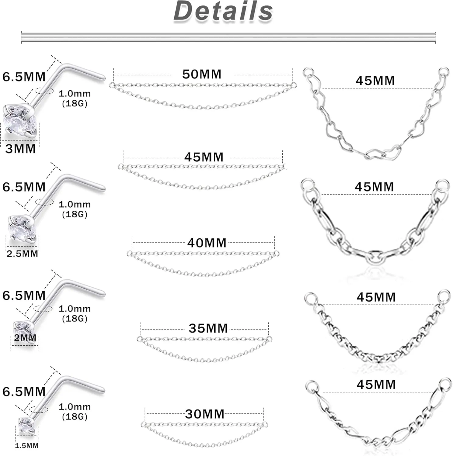 20/18G Nose Rings Chain Across Nose Piercings for Women Men Surgical Steel Double Chains Corkscrew l Shaped Bar