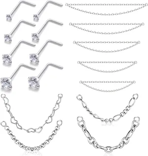 20/18G Nose Rings Chain Across Nose Piercings for Women Men Surgical Steel Double Chains Corkscrew l Shaped Bar