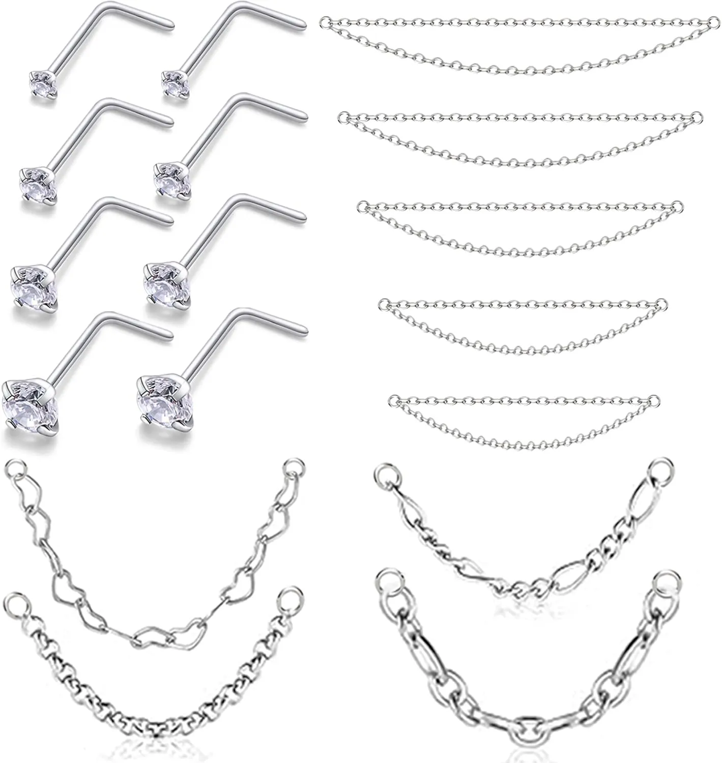 20/18G Nose Rings Chain Across Nose Piercings for Women Men Surgical Steel Double Chains Corkscrew l Shaped Bar