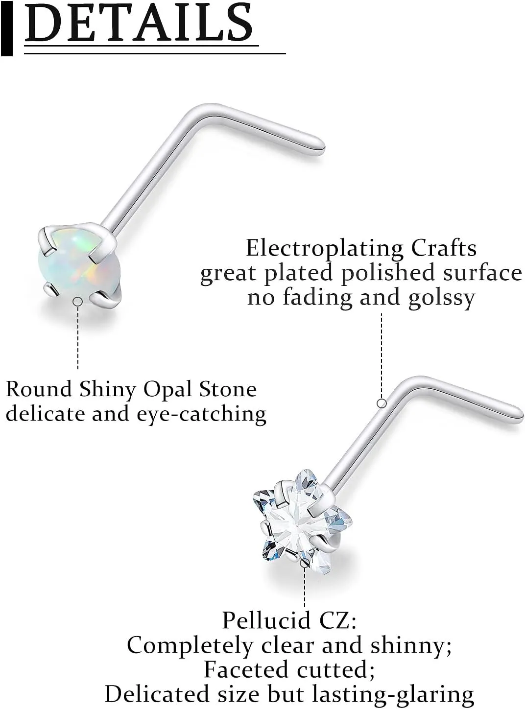 20/18g Nose Rings Studs Straight/L/Corkscrew Shape Bars Piercings Jewelry for Women Hypoallergenic Surgical Stainless Steel