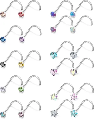 20/18g Nose Rings Studs Straight/L/Corkscrew Shape Bars Piercings Jewelry for Women Hypoallergenic Surgical Stainless Steel