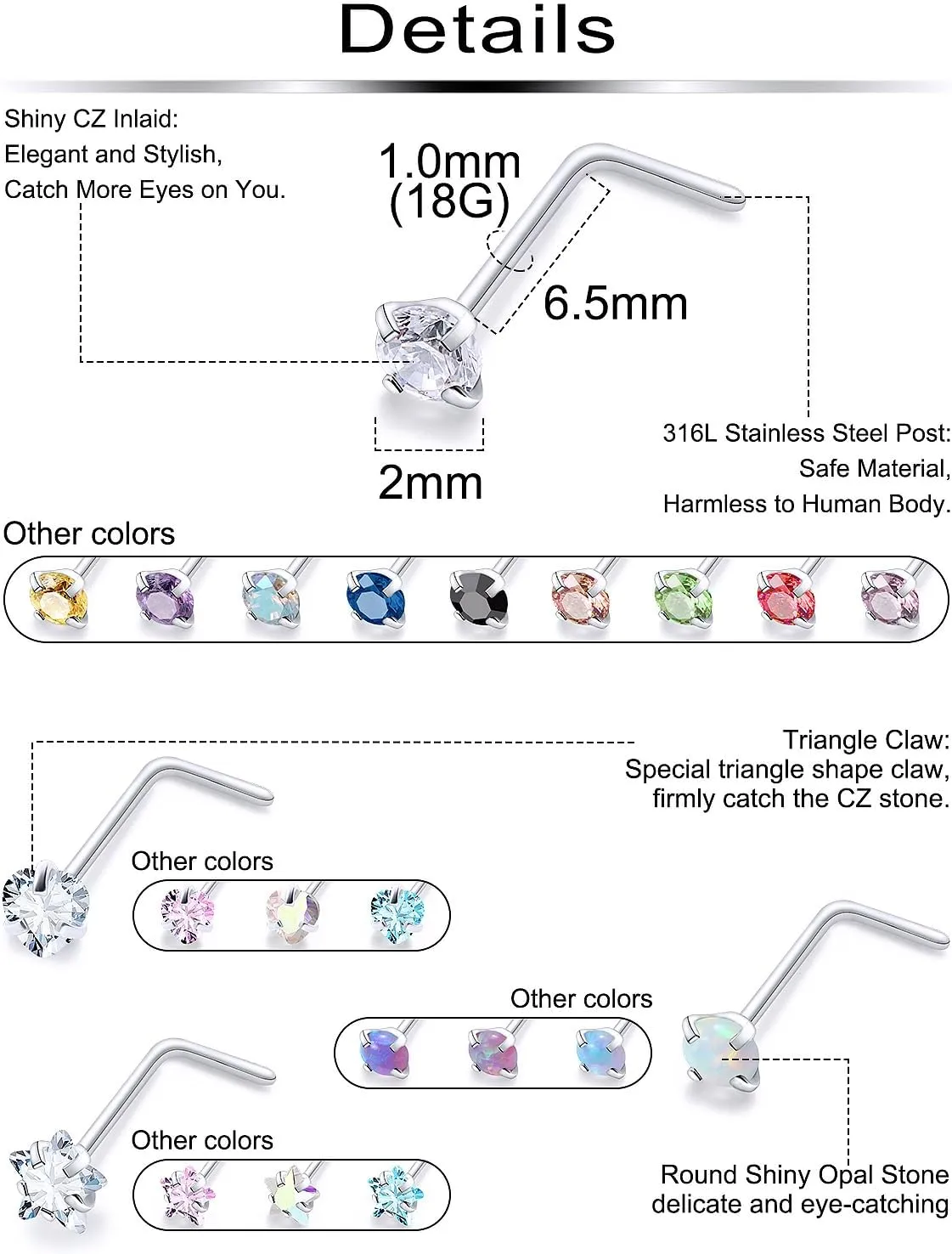 20/18g Nose Rings Studs Straight/L/Corkscrew Shape Bars Piercings Jewelry for Women Hypoallergenic Surgical Stainless Steel