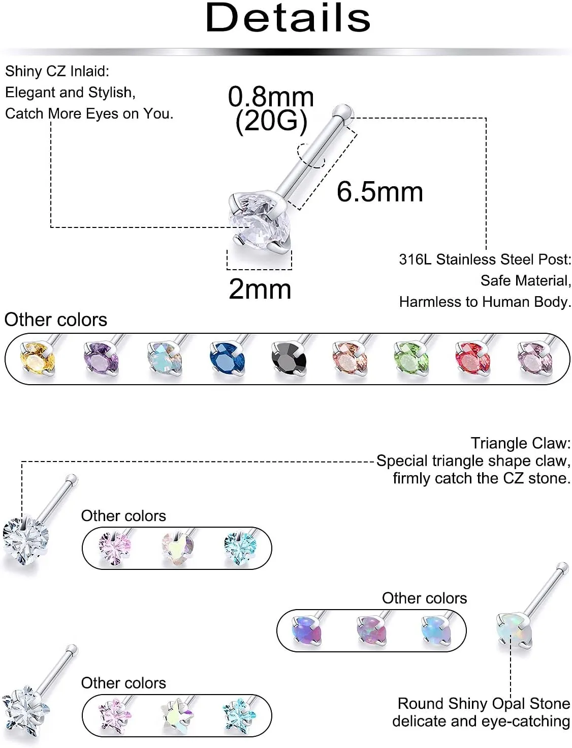 20/18g Nose Rings Studs Straight/L/Corkscrew Shape Bars Piercings Jewelry for Women Hypoallergenic Surgical Stainless Steel