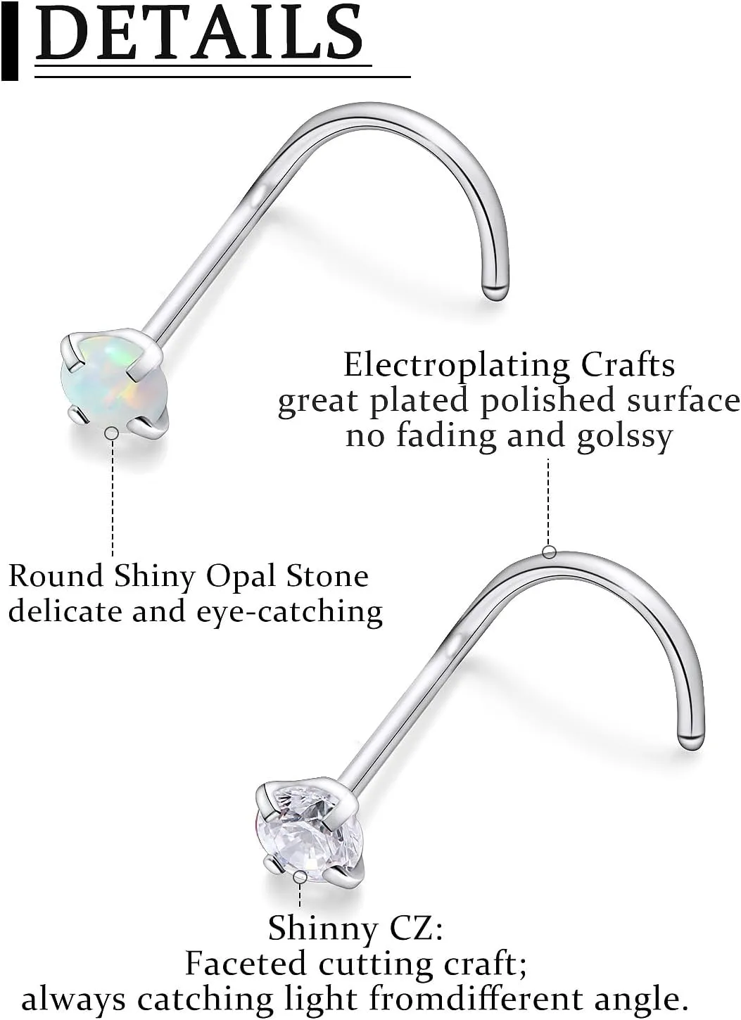 20/18g Nose Rings Studs Straight/L/Corkscrew Shape Bars Piercings Jewelry for Women Hypoallergenic Surgical Stainless Steel