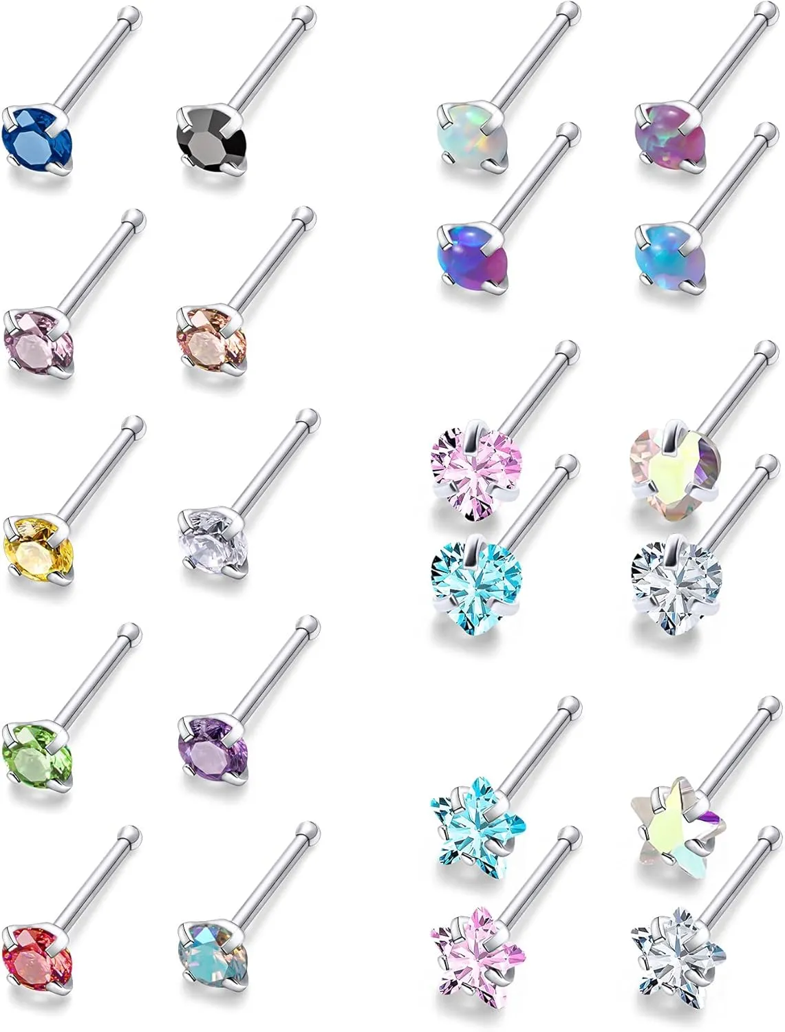 20/18g Nose Rings Studs Straight/L/Corkscrew Shape Bars Piercings Jewelry for Women Hypoallergenic Surgical Stainless Steel
