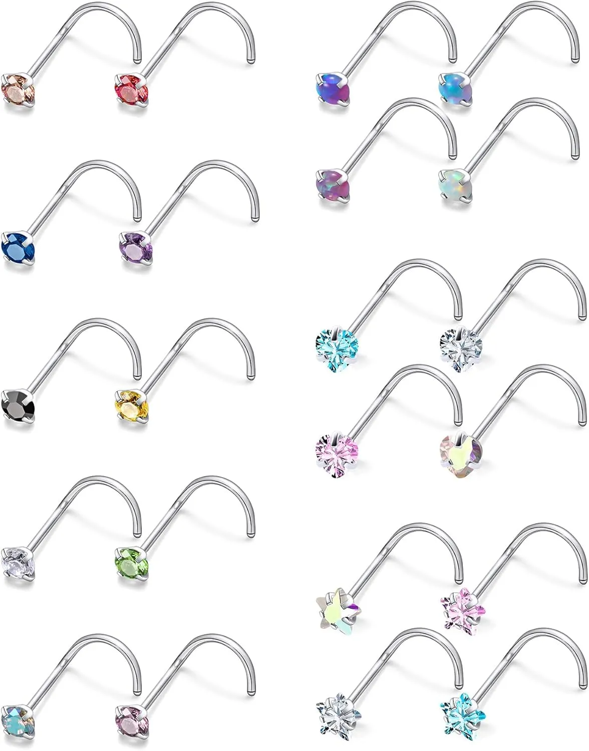 20/18g Nose Rings Studs Straight/L/Corkscrew Shape Bars Piercings Jewelry for Women Hypoallergenic Surgical Stainless Steel