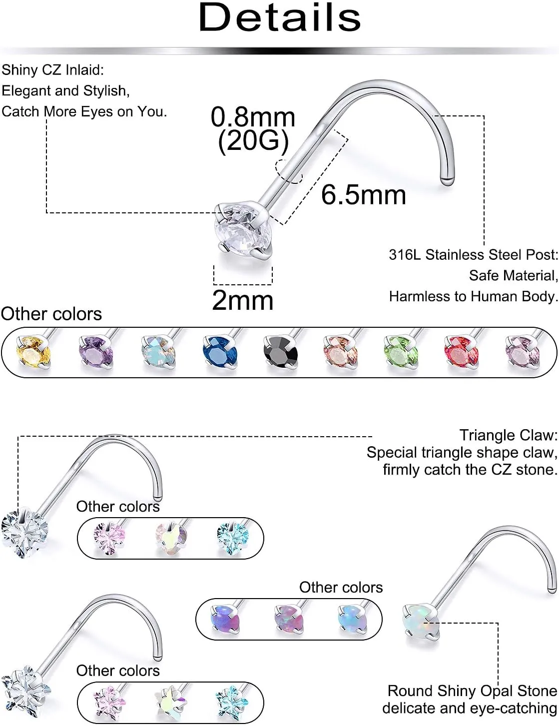 20/18g Nose Rings Studs Straight/L/Corkscrew Shape Bars Piercings Jewelry for Women Hypoallergenic Surgical Stainless Steel