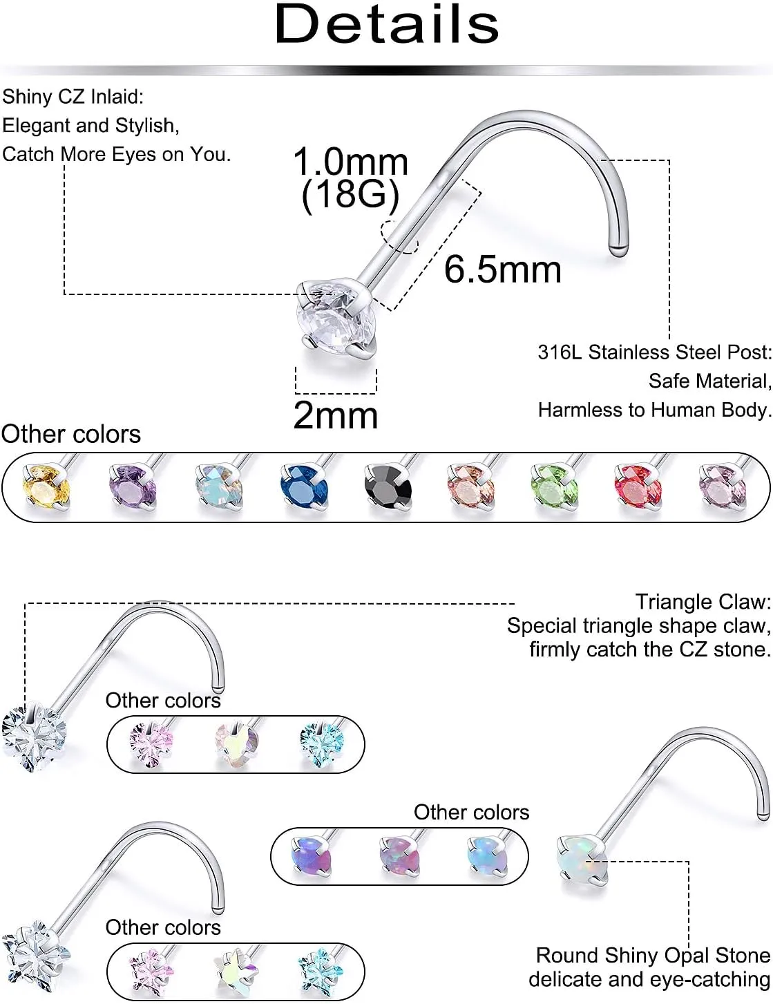20/18g Nose Rings Studs Straight/L/Corkscrew Shape Bars Piercings Jewelry for Women Hypoallergenic Surgical Stainless Steel